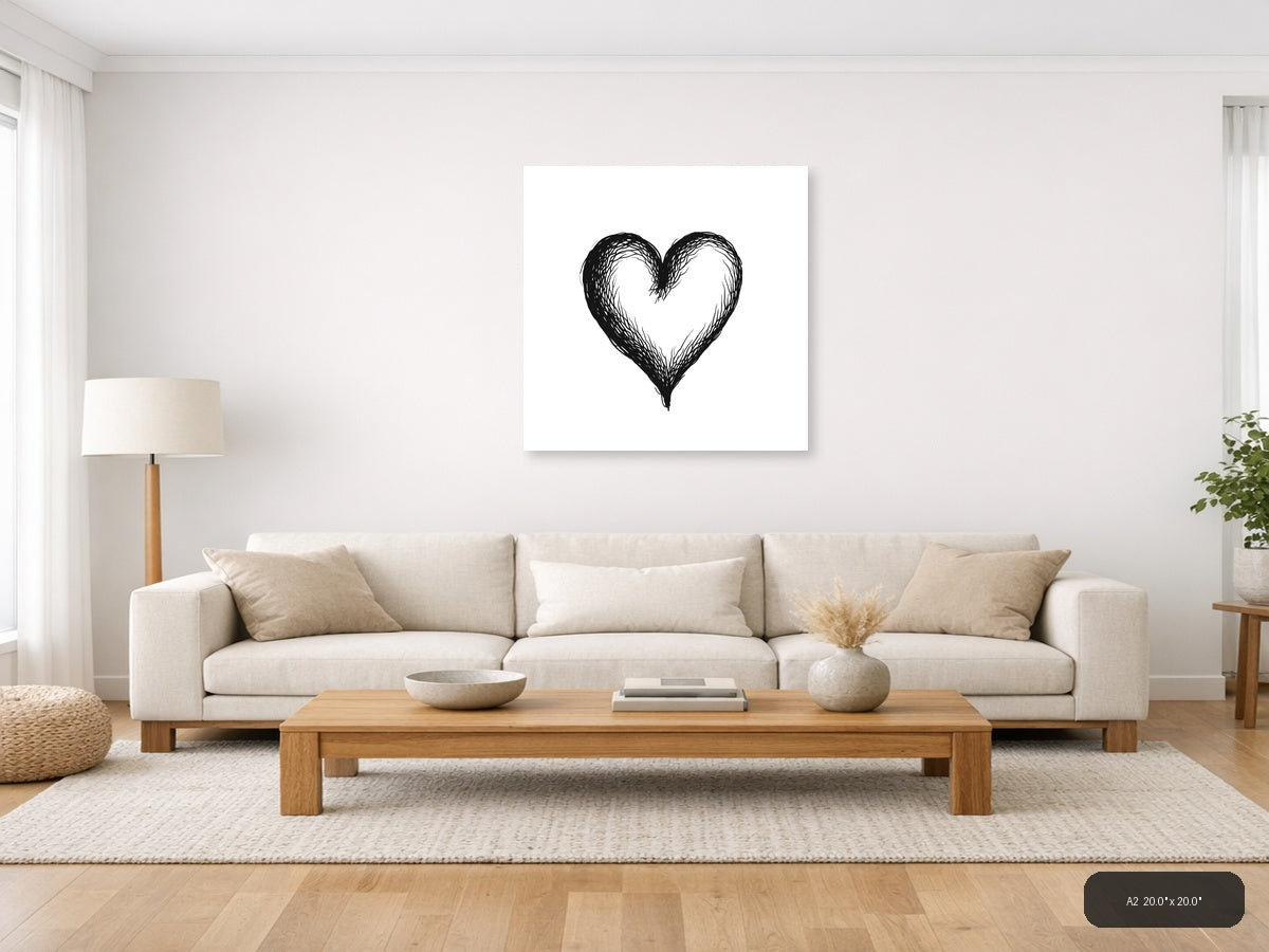 Hand-Drawn Heart Line Art Black & White Wall Art — A2 / Living Room