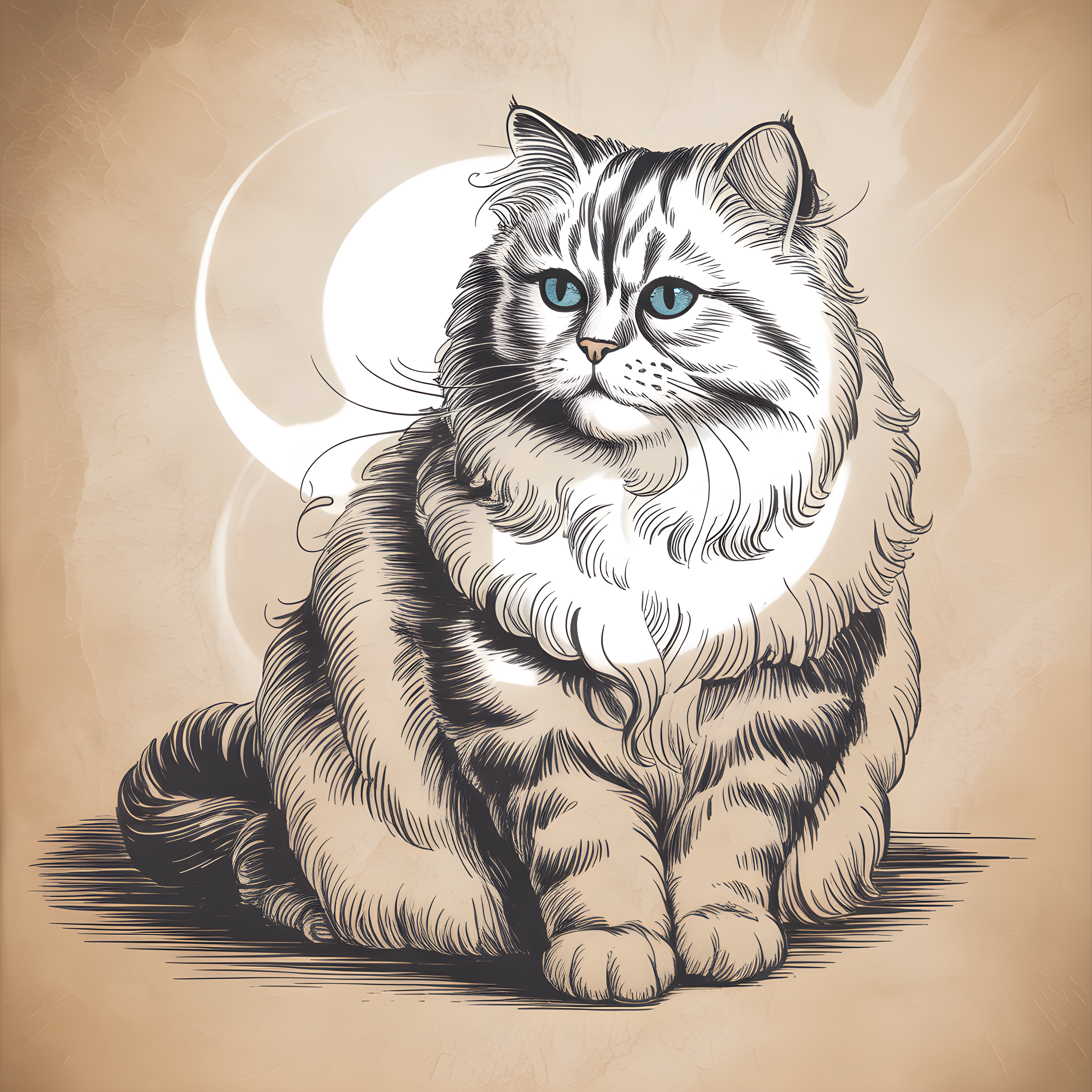 Fluffy Long-Haired Cat with Blue Eyes Line Art Wall Art