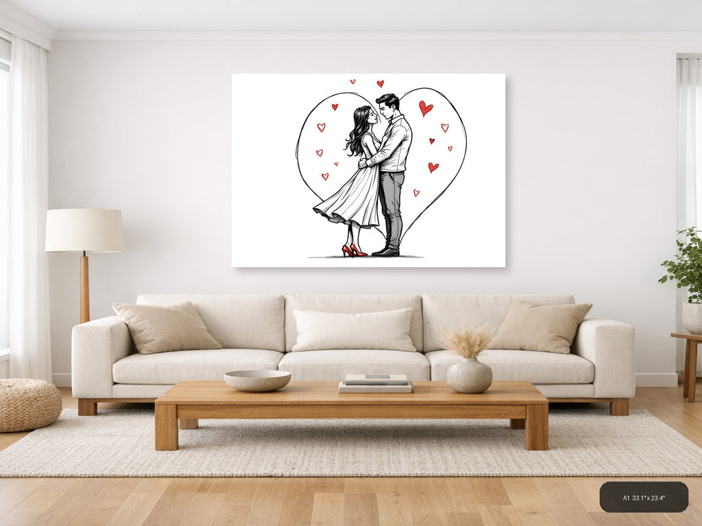 Romantic Couple in Heart Line Art Wall Art — A1 / Living Room