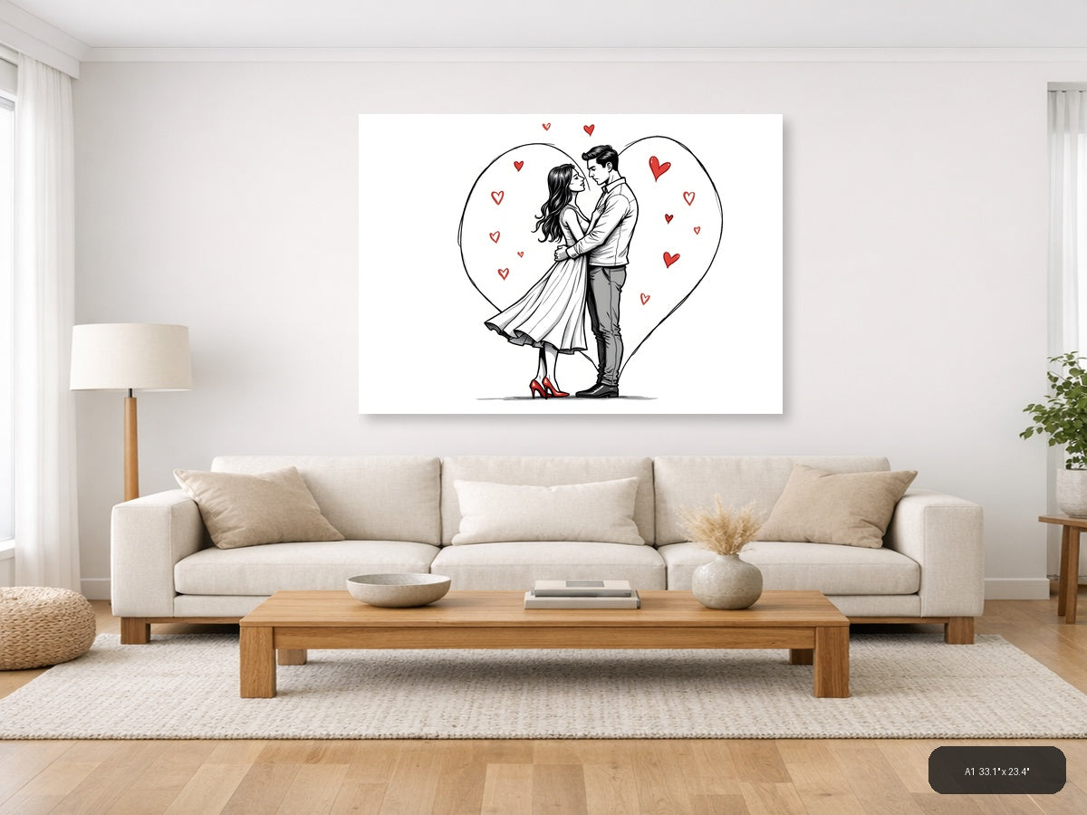 Romantic Couple in Heart Line Art Wall Art — A1 / Living Room