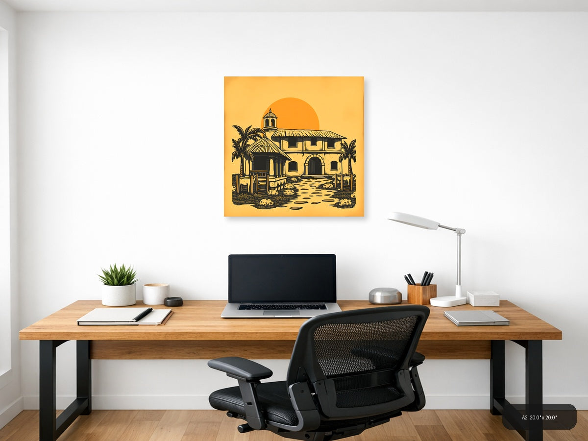 Vintage Desert Mission Church with Palm Trees Wall Art — A2 / Office