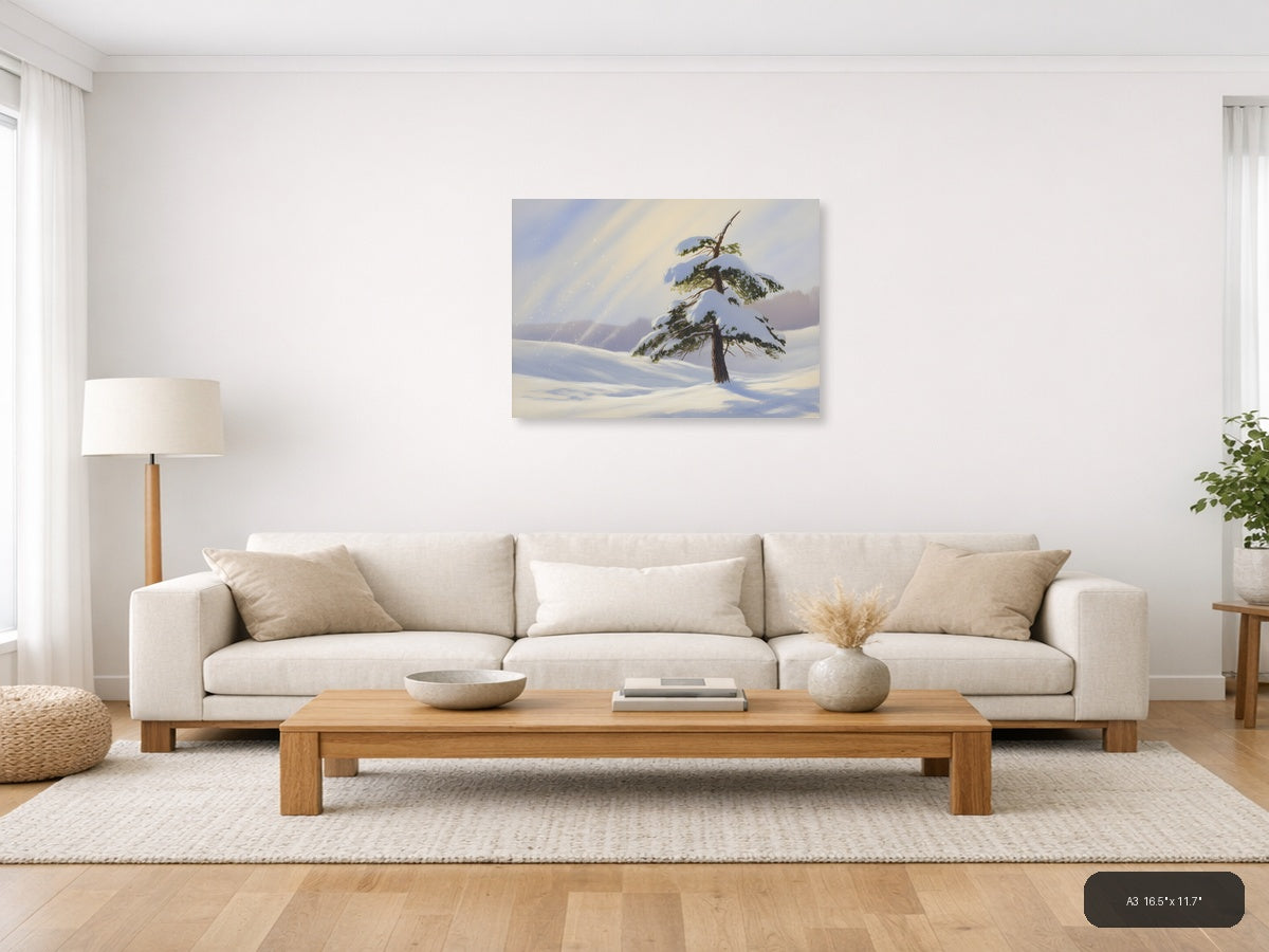 Snowy Pine Tree Winter Landscape Watercolor Wall Art — A3 / Living Room