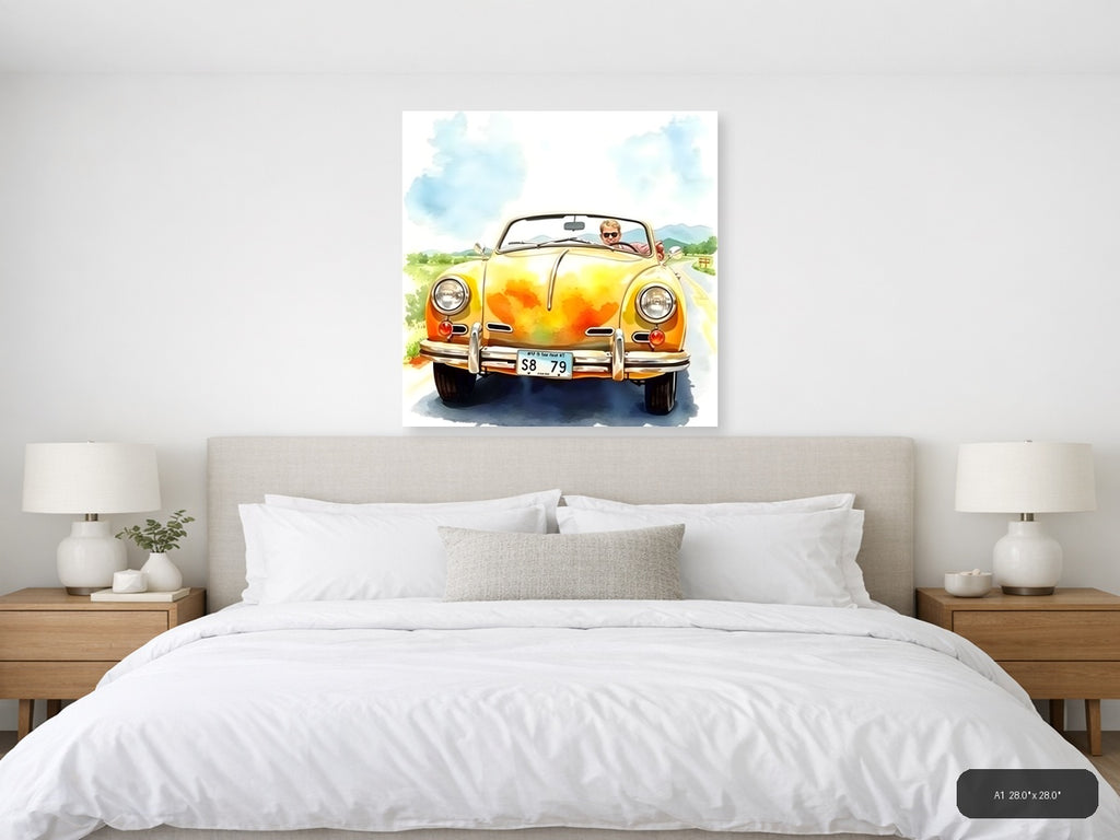 Yellow Convertible Car Watercolor Painting Wall Art — A1 / Bedroom