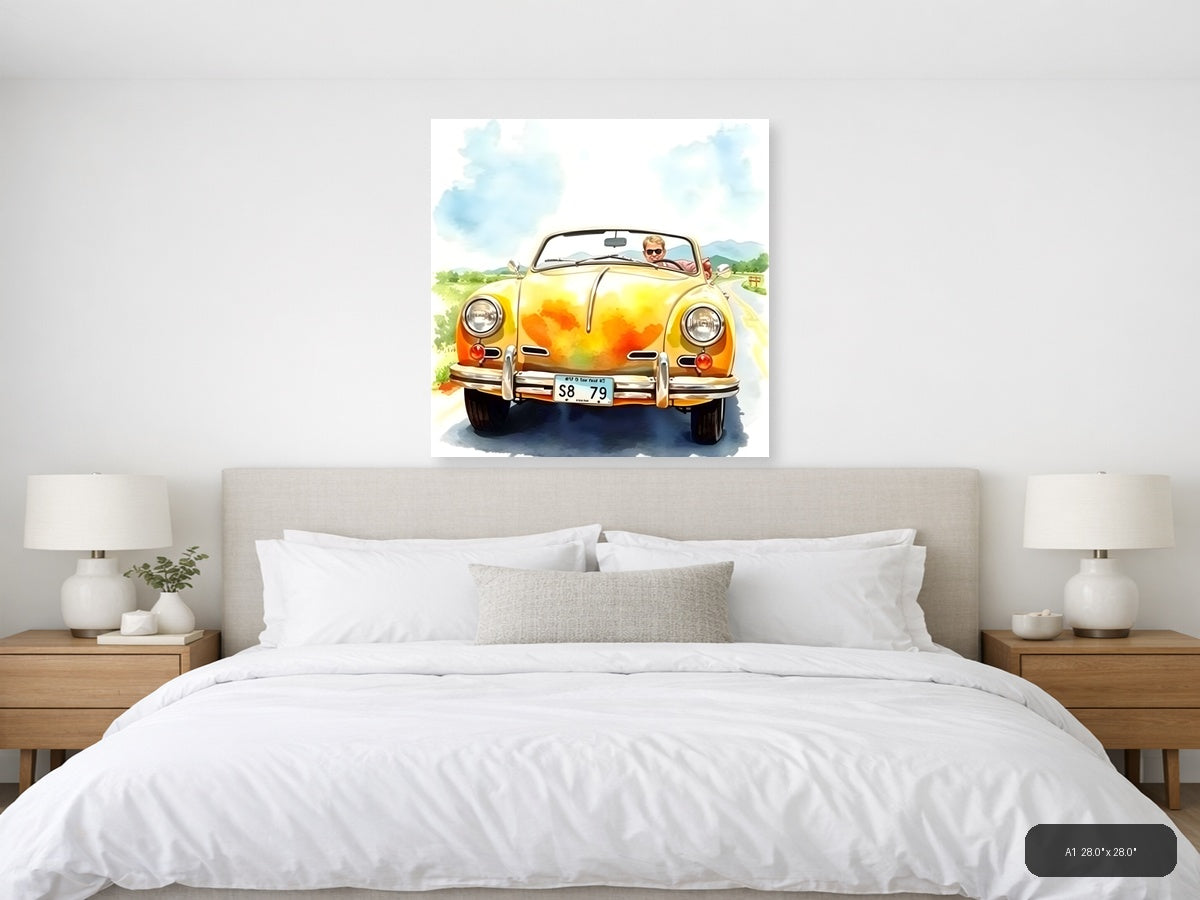 Yellow Convertible Car Watercolor Painting Wall Art — A1 / Bedroom