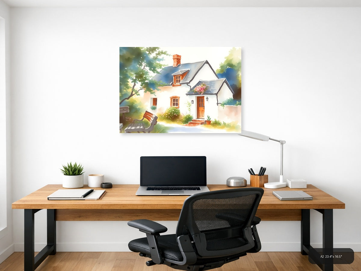 Charming Cottage Watercolor Landscape Wall Art — A2 / Office