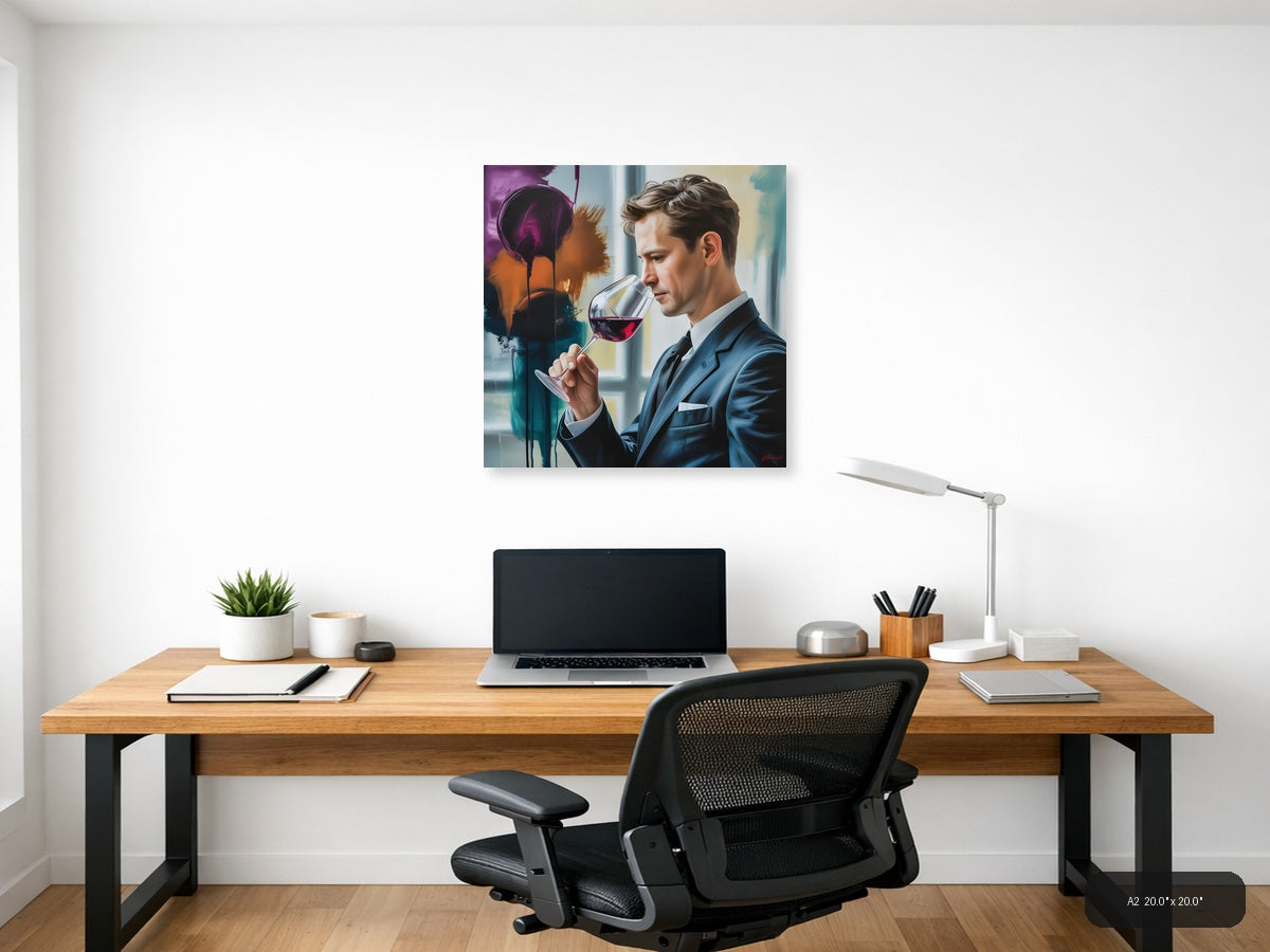 Abstract Wine Tasting Man in Blue Suit Wall Art — A2 / Office