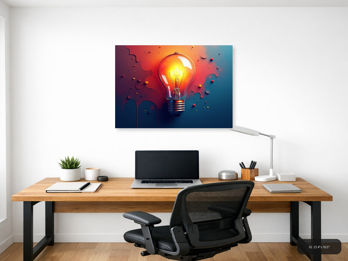 Glowing Lightbulb Abstract | Red Orange Blue Gradient Canvas Wall Art — A2 (Office)