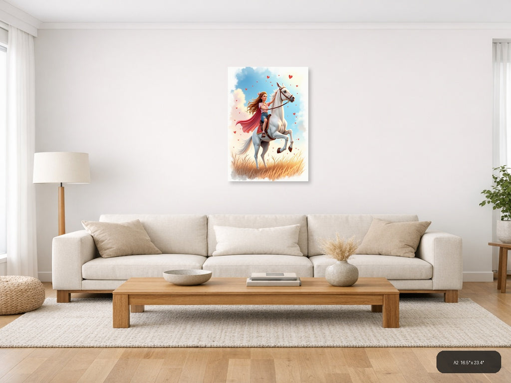 Girl on White Horse with Hearts Watercolor Wall Art — A2 / Living Room