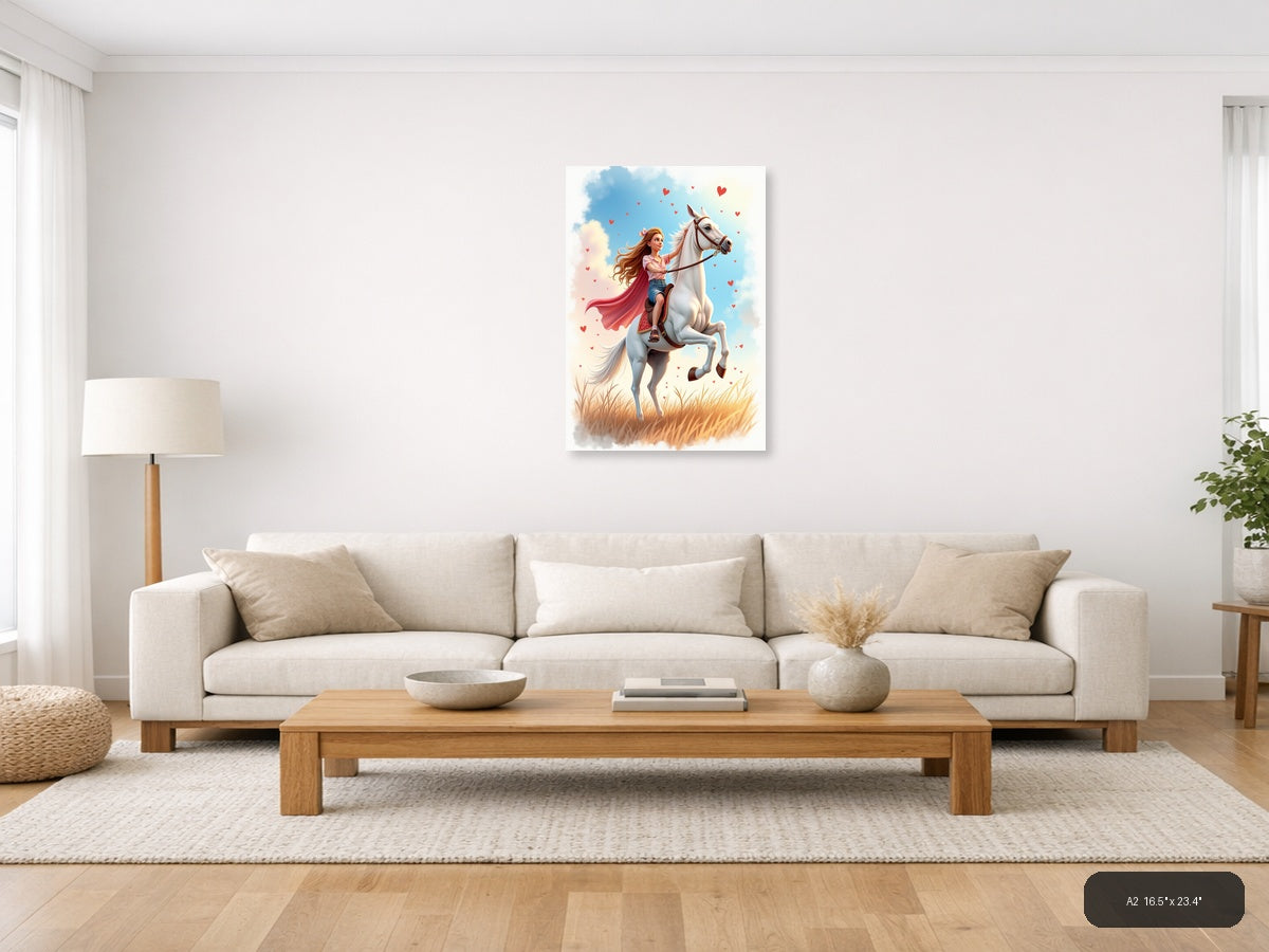 Girl on White Horse with Hearts Watercolor Wall Art — A2 / Living Room