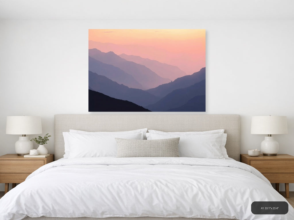 Minimalist Mountain Valley Sunset Pink Sky Wall Art — A1 / Bedroom
