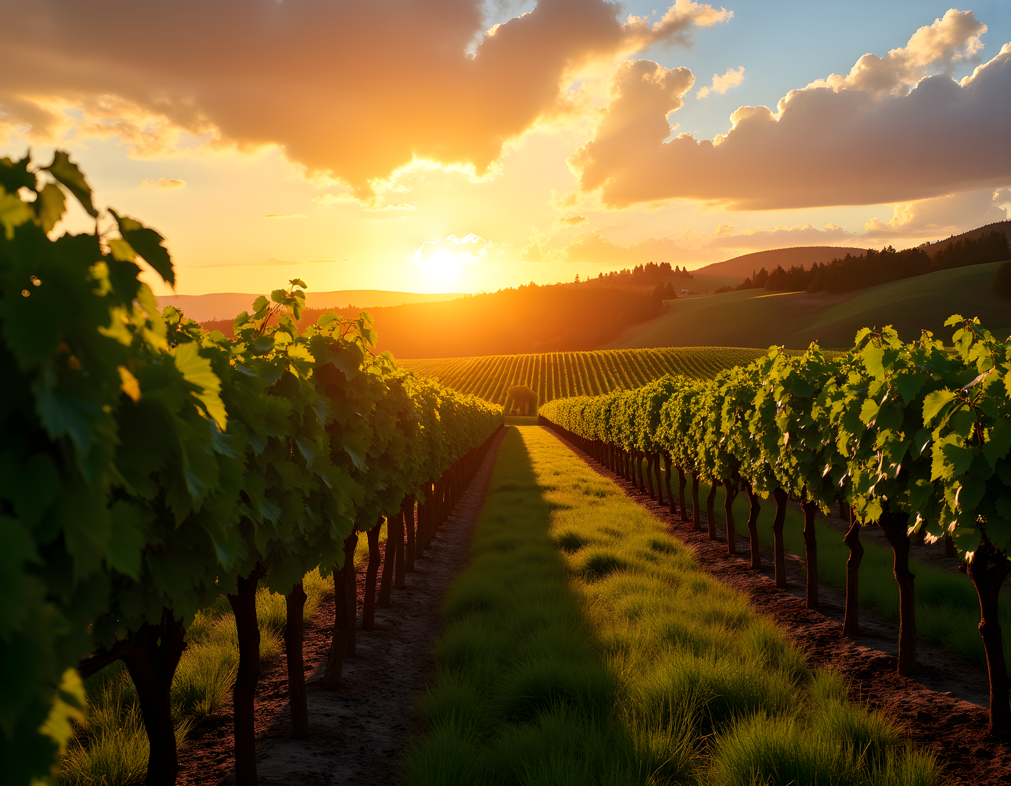 Golden Sunset Over Vineyard Rows Photography Wall Art
