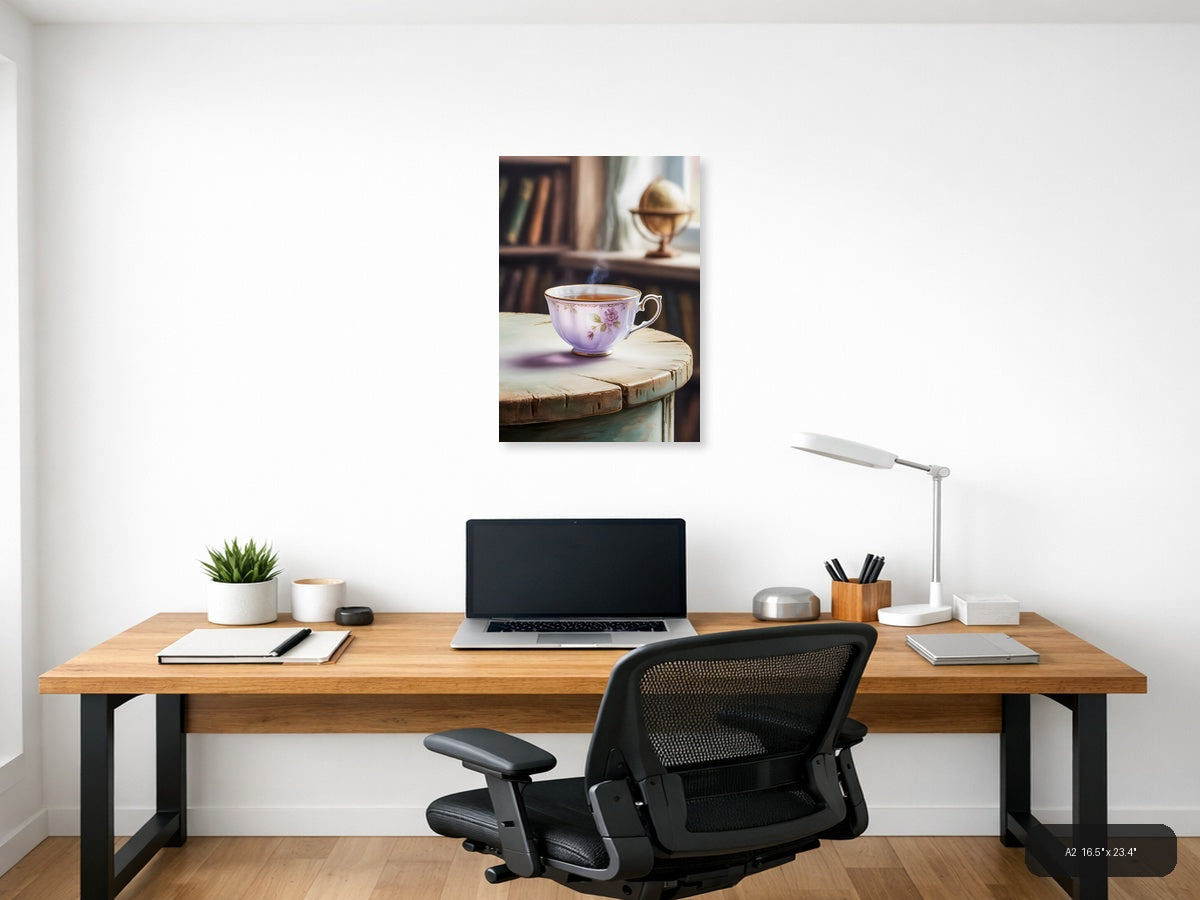 Vintage Purple Teacup Watercolor Wall Art — A2 / Office