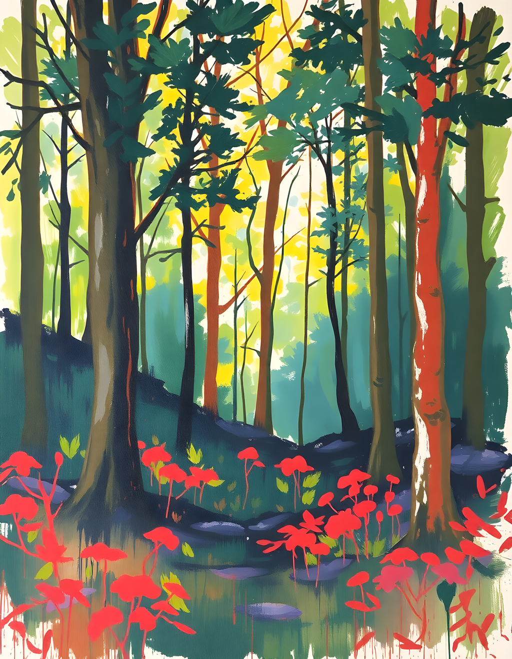 Forest Path with Red Flowers Abstract Wall Art