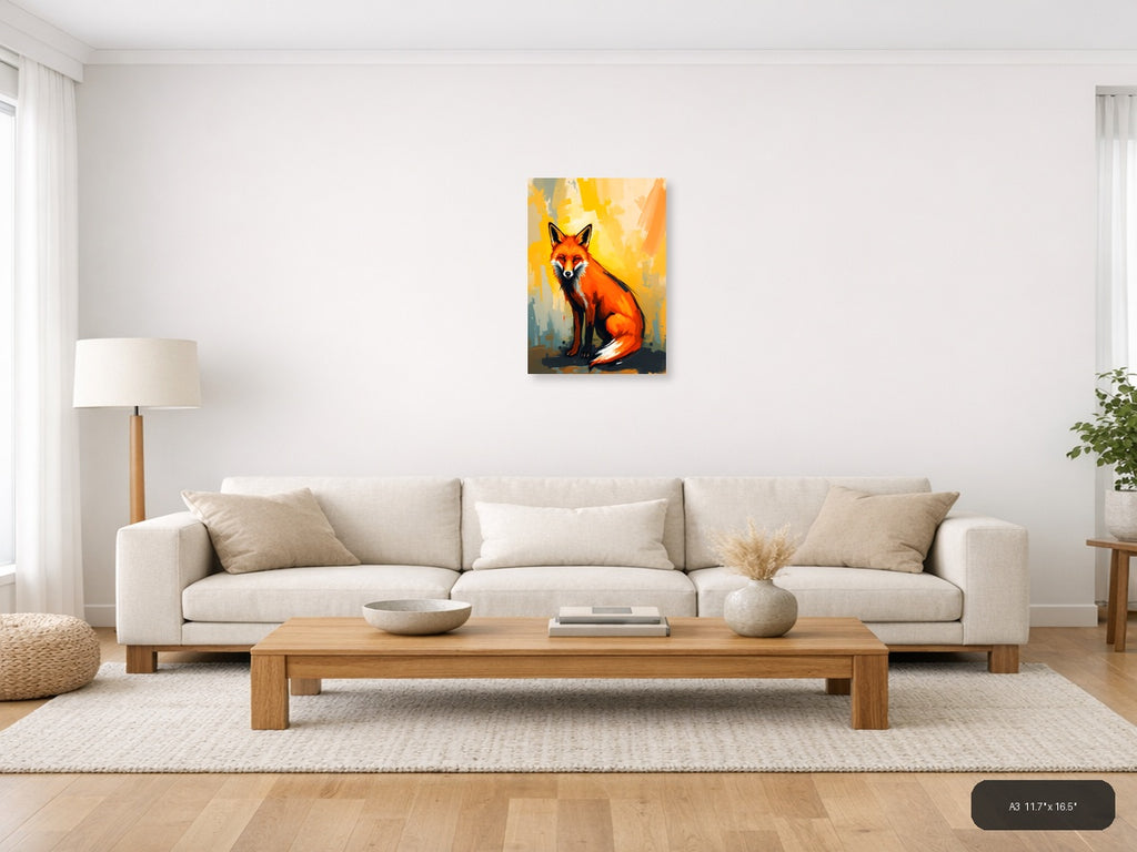 Abstract Red Fox Portrait Modern Yellow Wall Art — A3 / Living Room