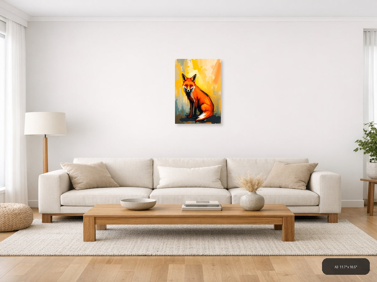 Abstract Red Fox Portrait Modern Yellow Wall Art — A3 / Living Room