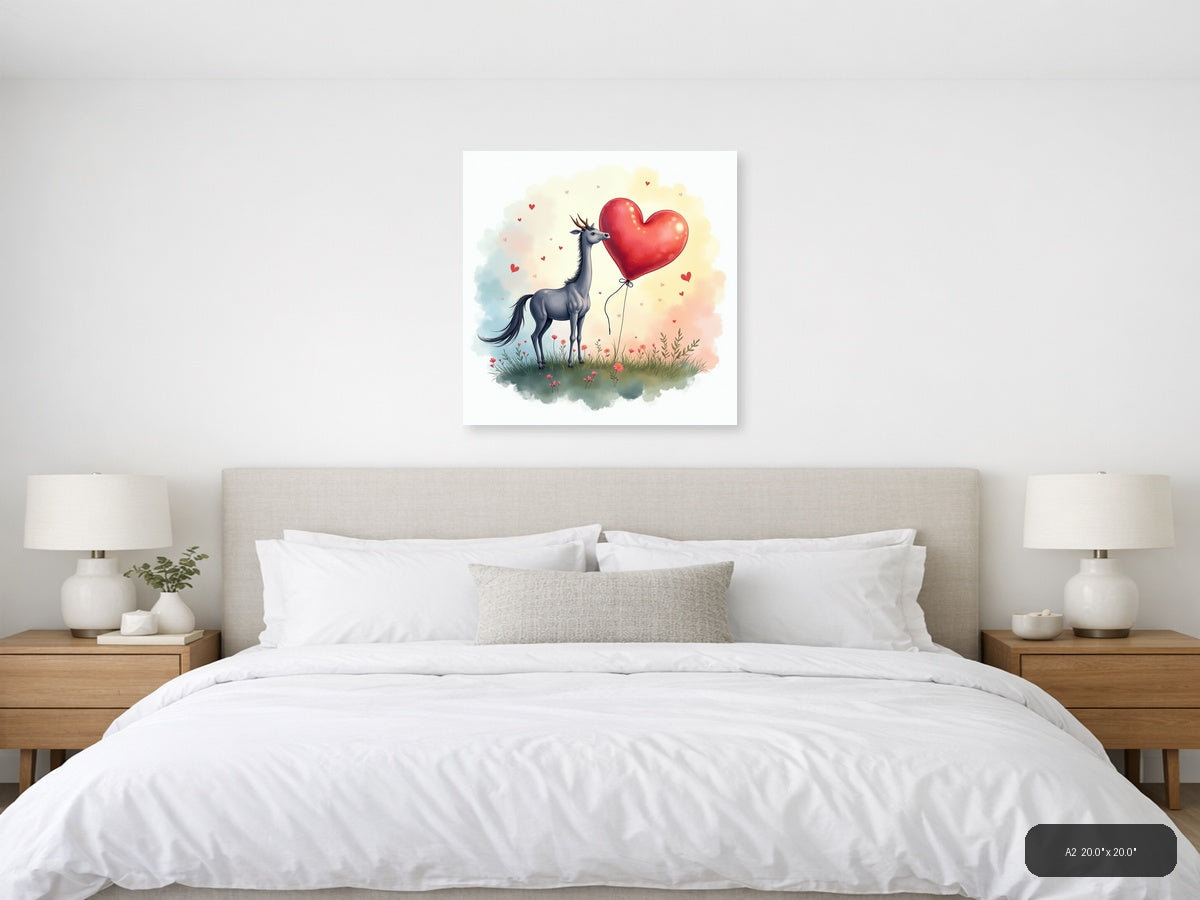 Llama with Heart Balloon Watercolor Wall Art — A2 / Bedroom