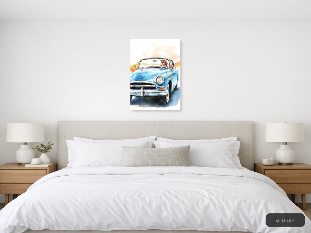 Blue Convertible Car Watercolor Portrait Wall Art — A2 / Bedroom