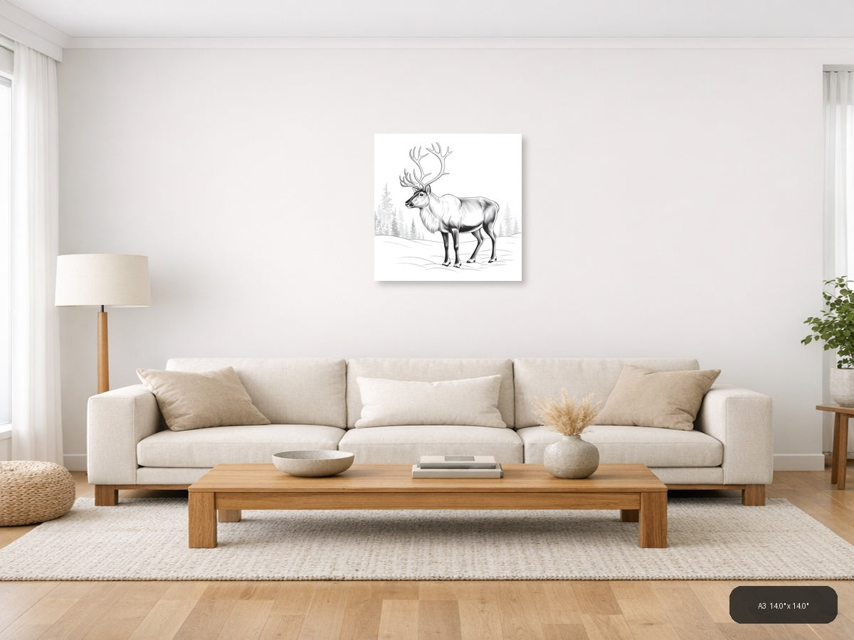 Majestic Caribou with Antlers Line Art Wall Art — A3 / Living Room