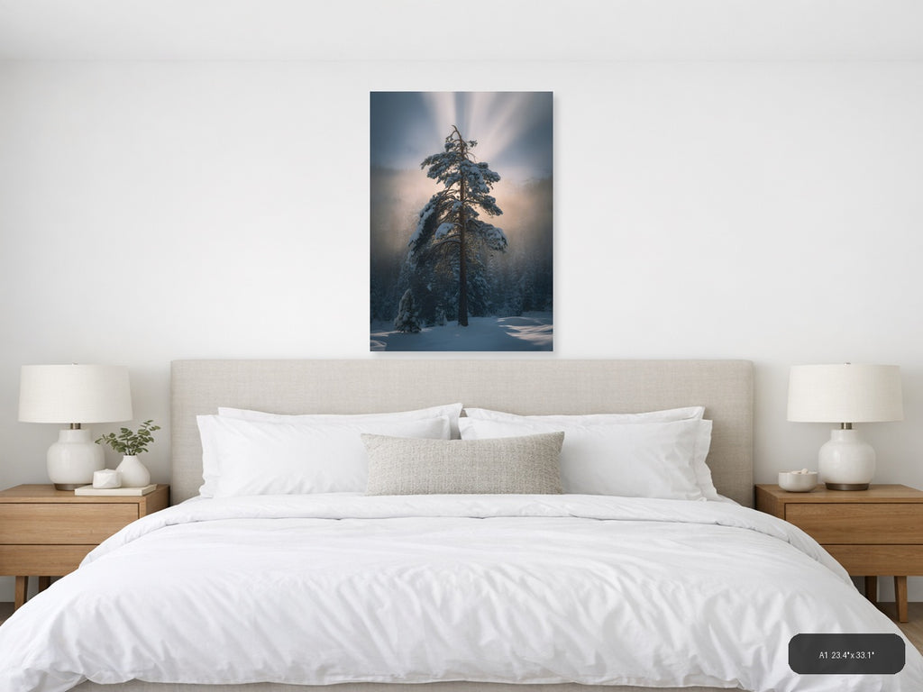 Snow-Covered Pine Tree in Misty Forest Photography Wall Art — A1 / Bedroom