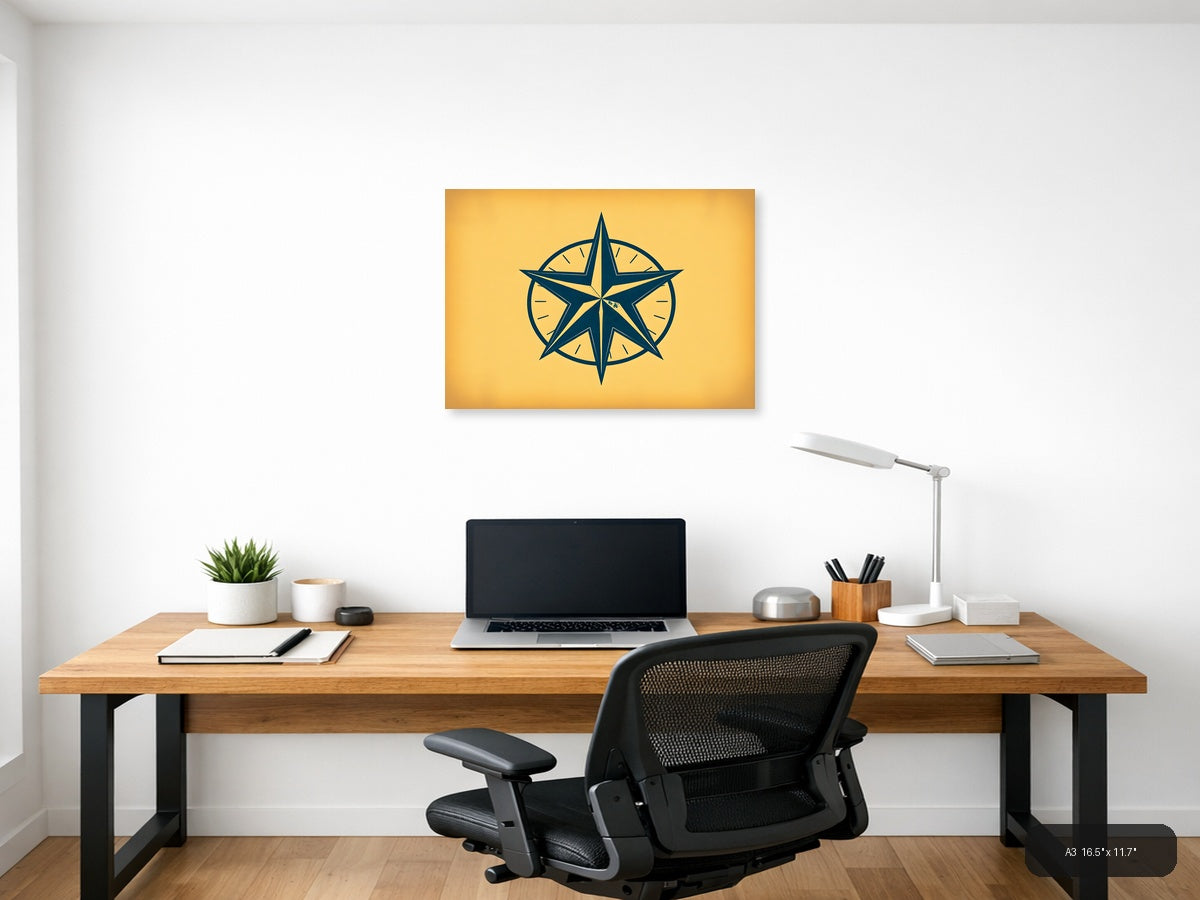 Vintage Nautical Compass Star Navy Blue Wall Art — A3 / Office