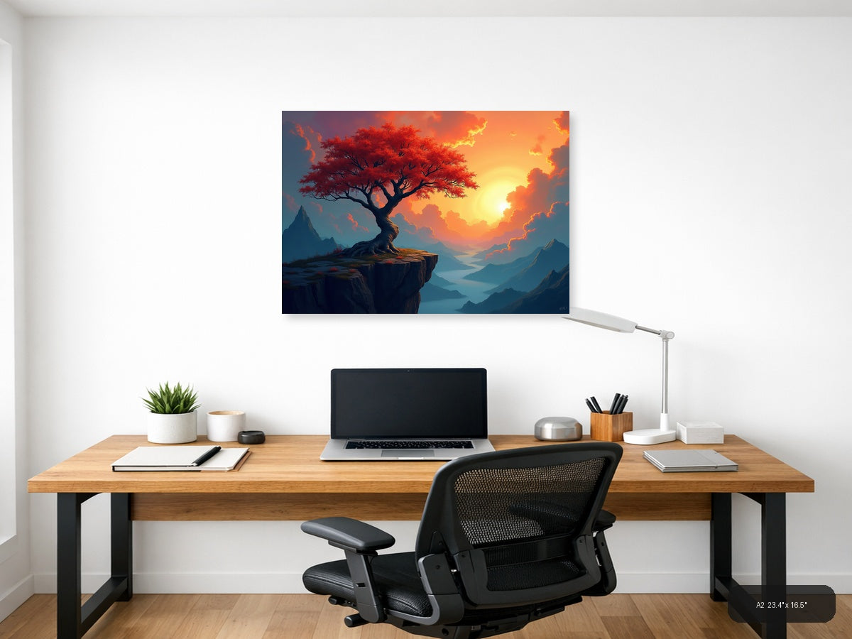 Crimson Tree Sunset Mountain Landscape Abstract Wall Art — A2 / Office