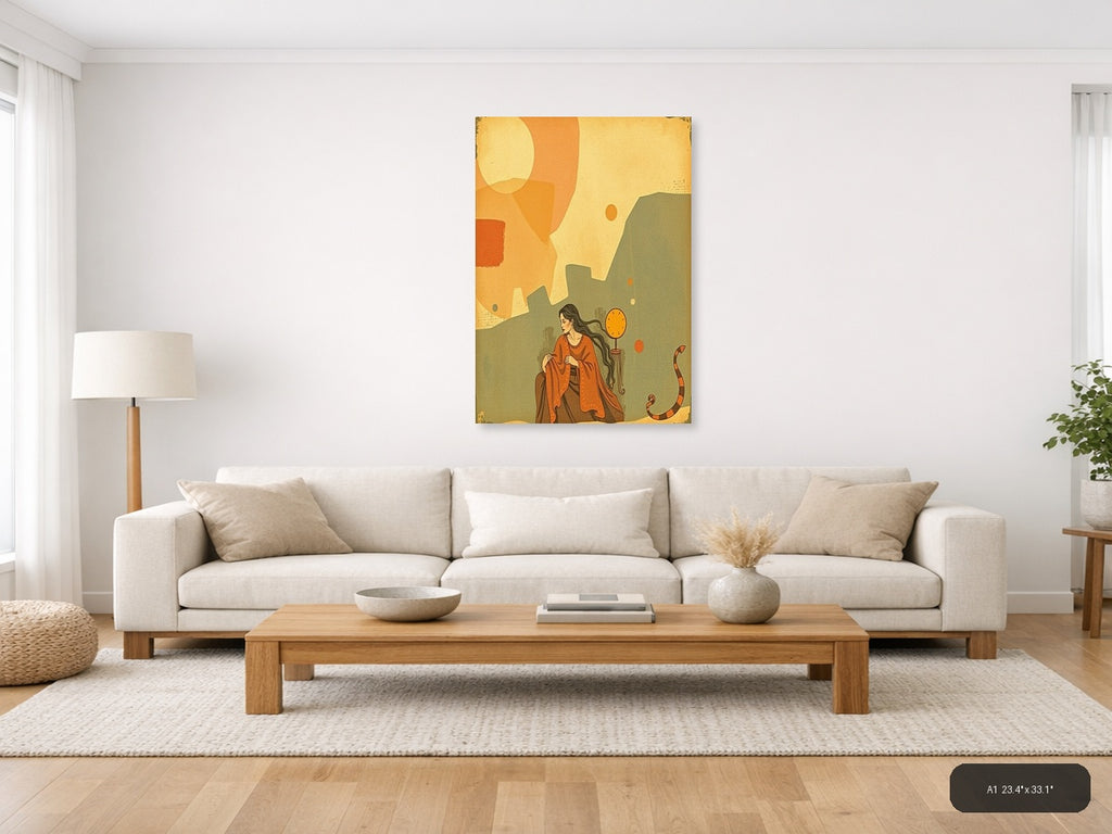 Woman with Clock Vintage Landscape Wall Art — A1 / Living Room