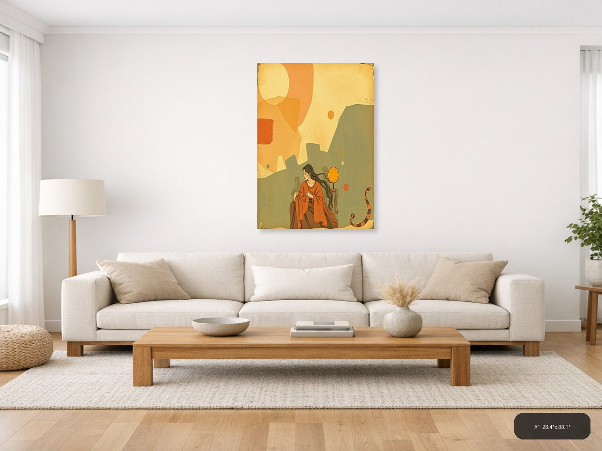 Woman with Clock Vintage Landscape Wall Art — A1 / Living Room