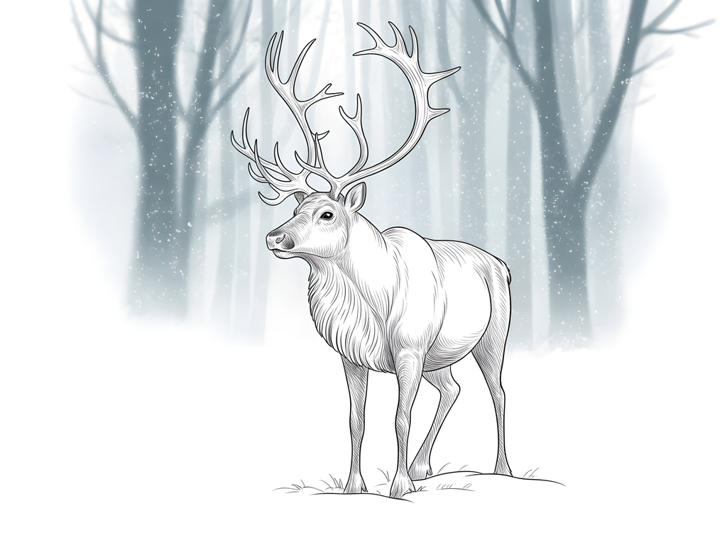 Majestic Deer with Antlers Winter Forest Line Art Wall Art