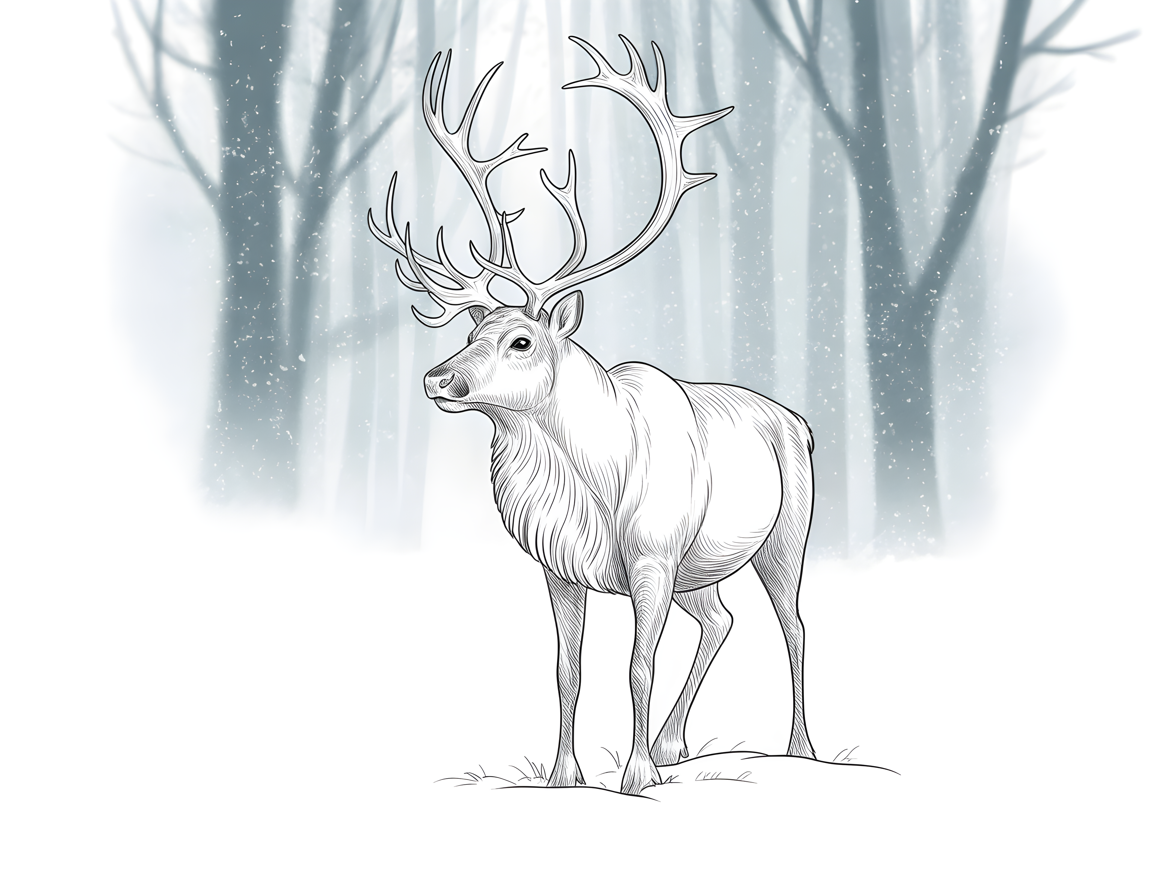 Majestic Deer with Antlers Winter Forest Line Art Wall Art