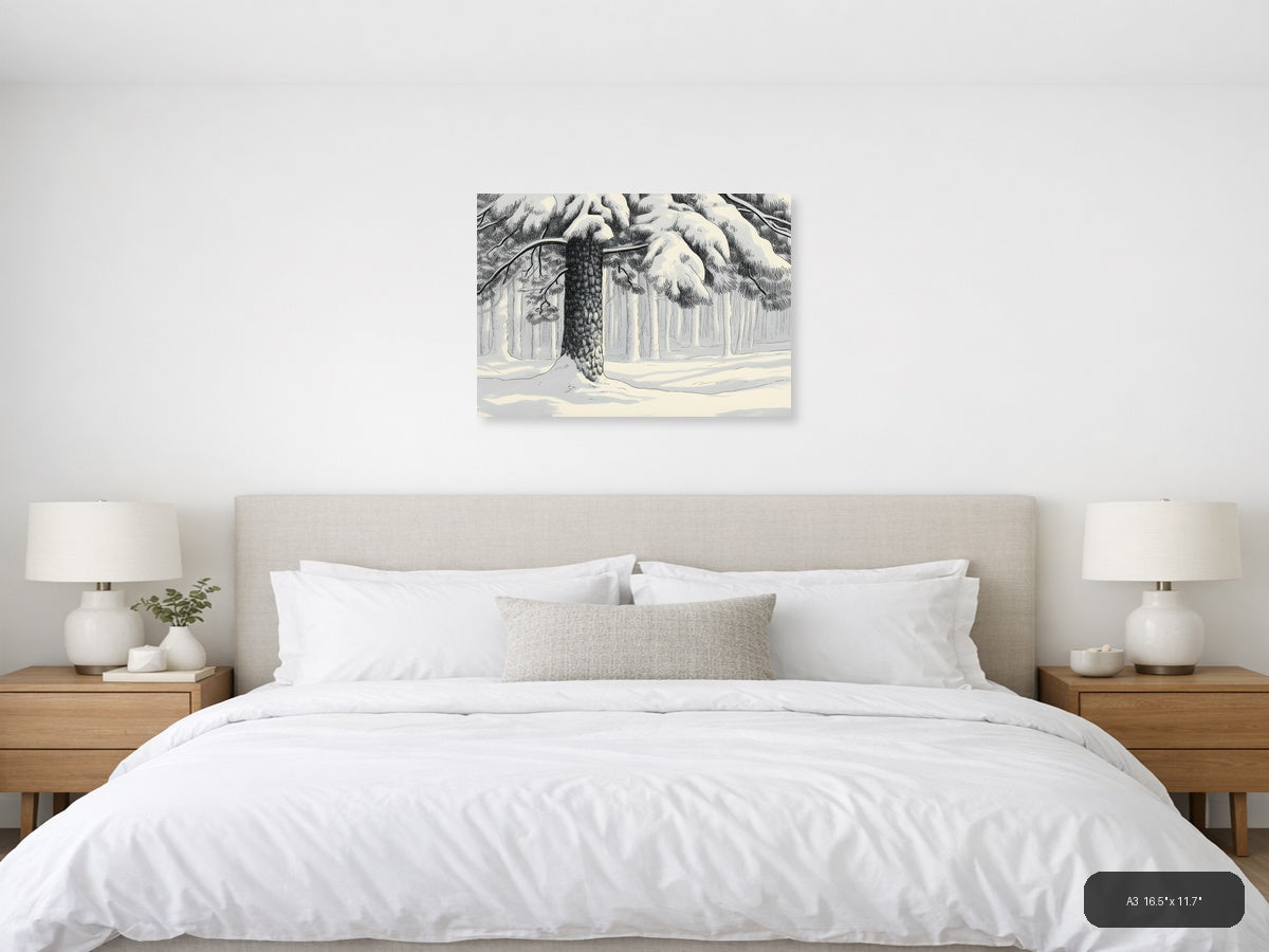Winter Forest Snow Line Art Landscape Wall Art — A3 / Bedroom