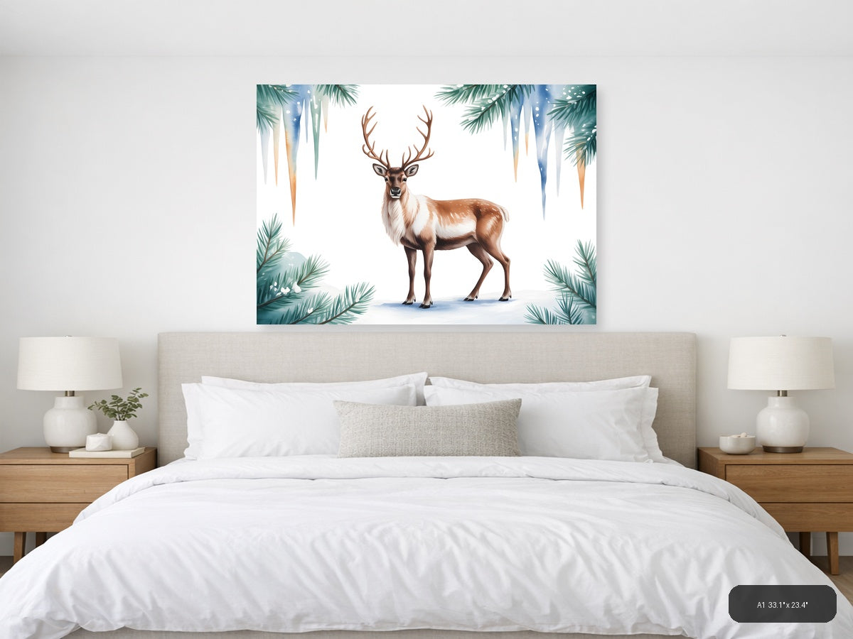 Winter Reindeer with Pine Branches Watercolor Wall Art — A1 / Bedroom