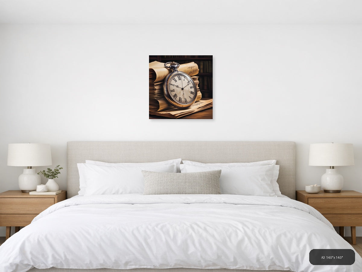 Vintage Pocket Watch & Books Stack Wall Art — A3 / Bedroom