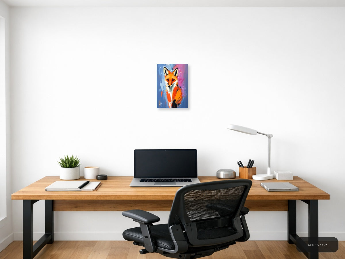 Abstract Fox Portrait: Vibrant Orange & Blue Wall Art — A4 / Office