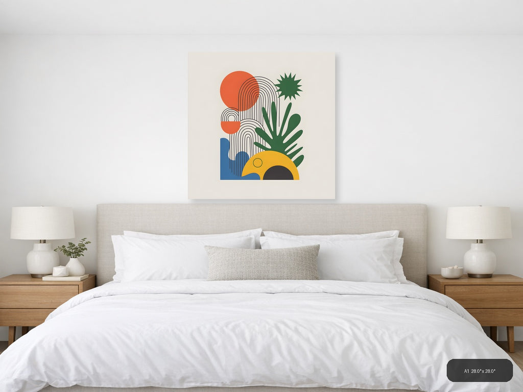 Abstract Cactus Line Art with Sun & Geometric Shapes Wall Art — A1 / Bedroom