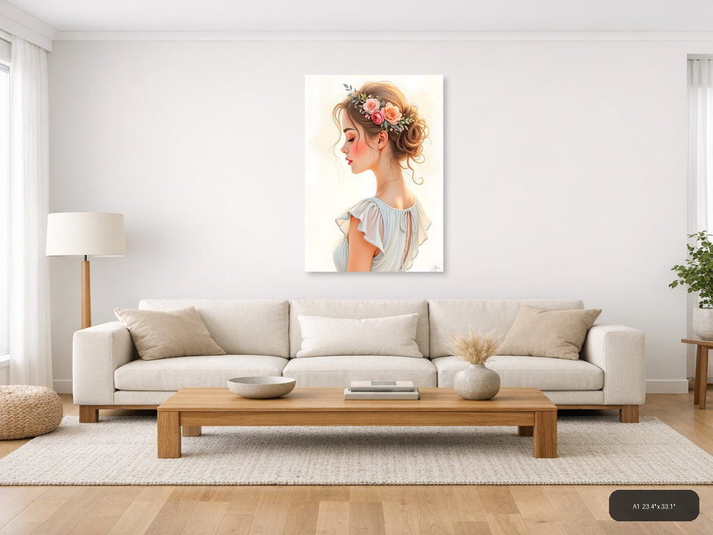 Elegant Woman with Floral Crown Watercolor Wall Art — A1 / Living Room