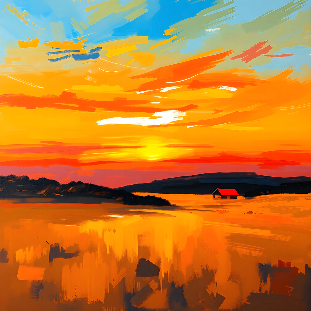 Abstract Sunset Landscape with Red Barn Wall Art