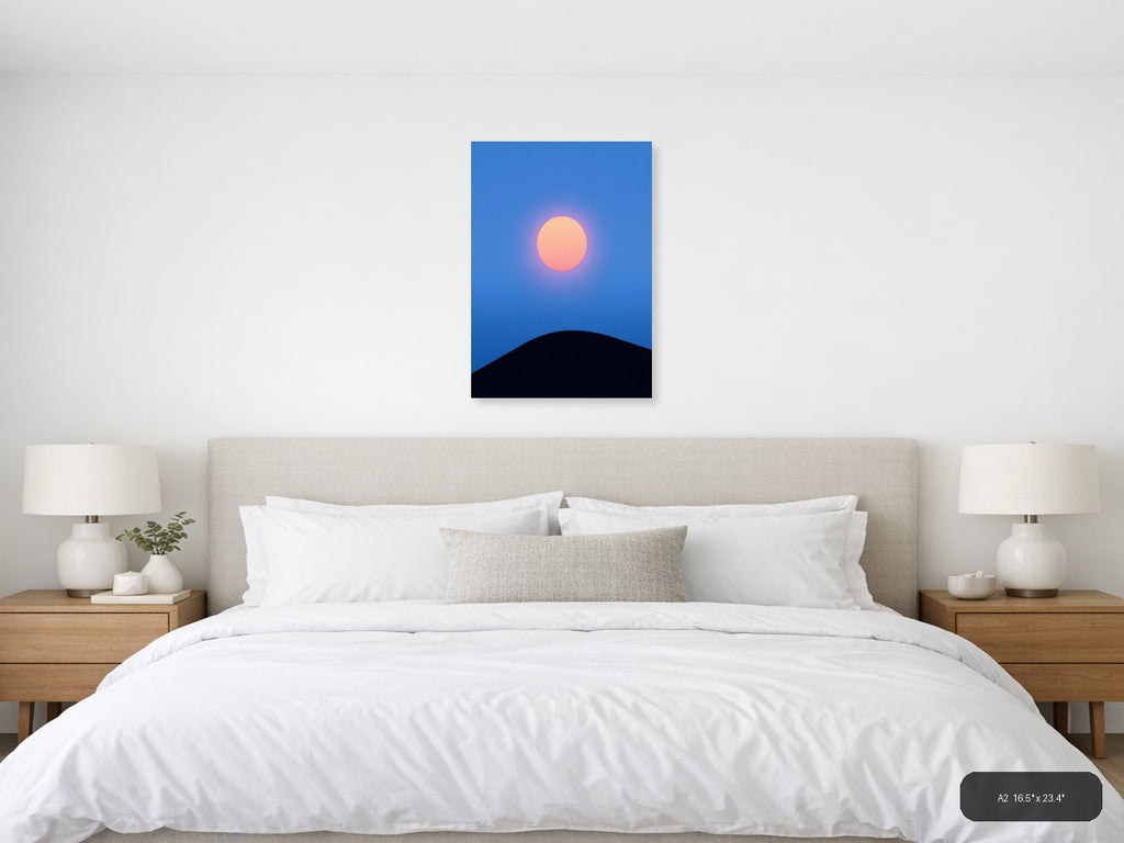 Minimalist Sunset Moon Rising Over Dark Hill Wall Art — A2 / Bedroom