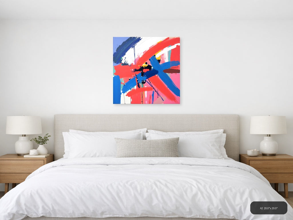 Bold Abstract Brushstrokes Red Blue Modern Wall Art — A2 / Bedroom