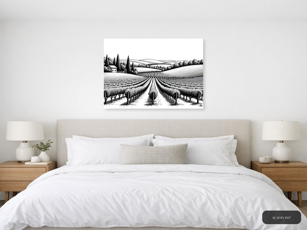 Tuscan Vineyard Landscape Line Art Wall Art — A2 / Bedroom