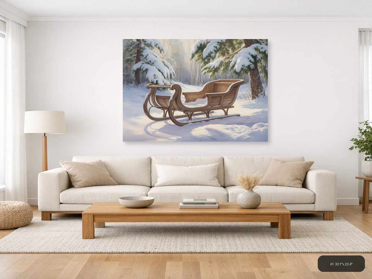 Wooden Sleigh in Snowy Forest Watercolor Wall Art — A1 / Living Room