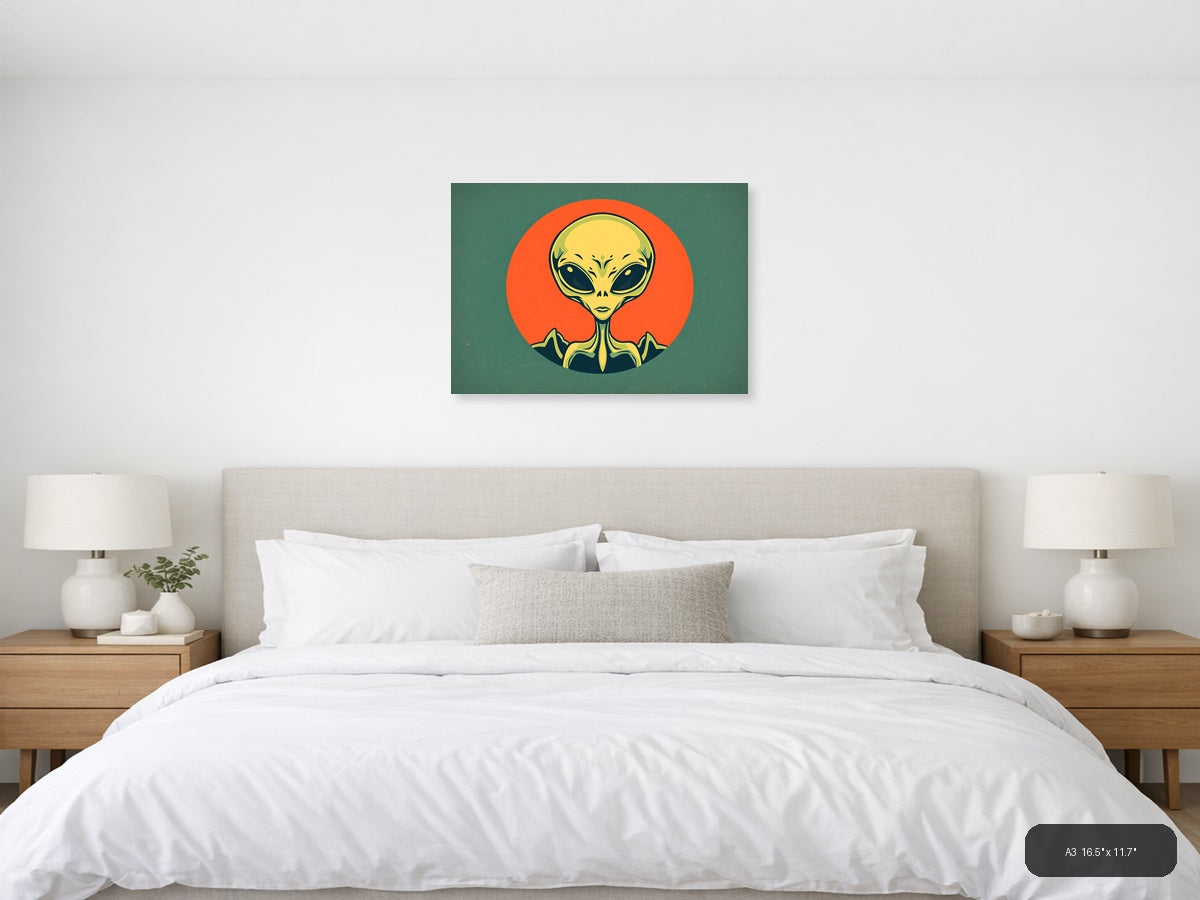 Vintage Alien Head Yellow & Orange Retro Wall Art — A3 / Bedroom