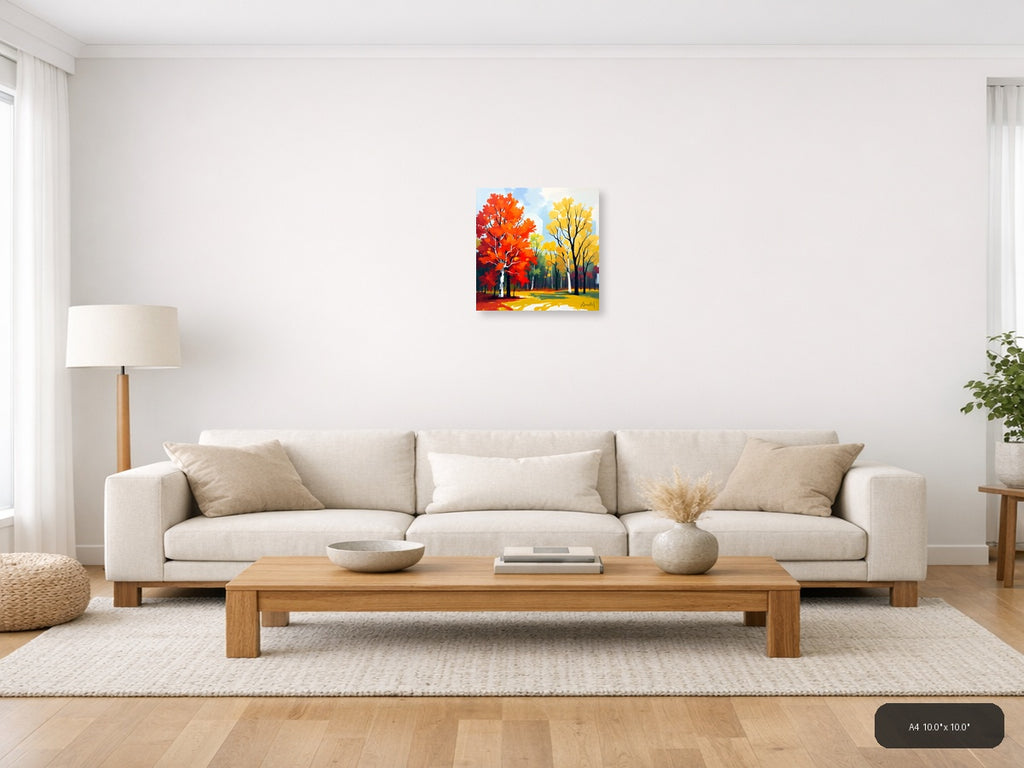 Abstract Autumn Forest with Red and Yellow Trees Wall Art — A4 / Living Room