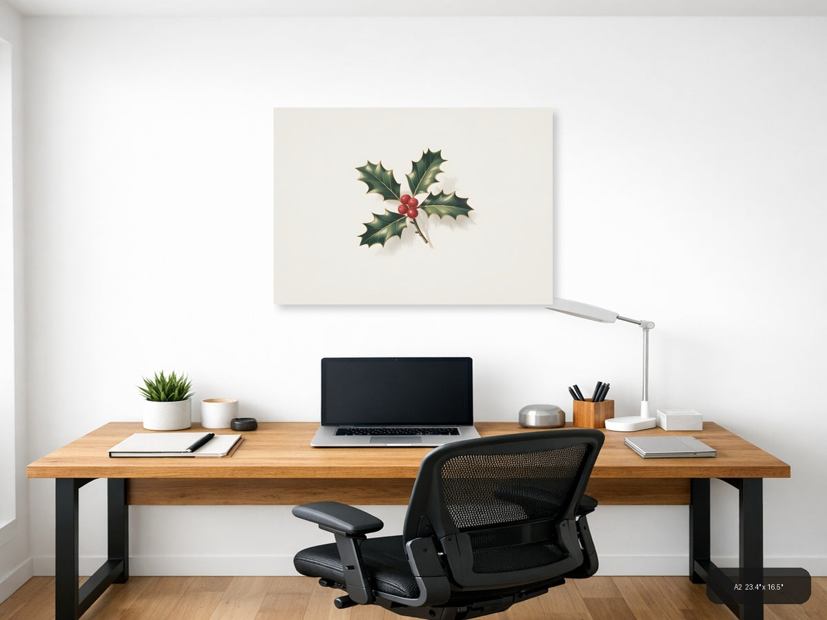 Holly Leaves and Red Berries Minimalist Wall Art — A2 / Office