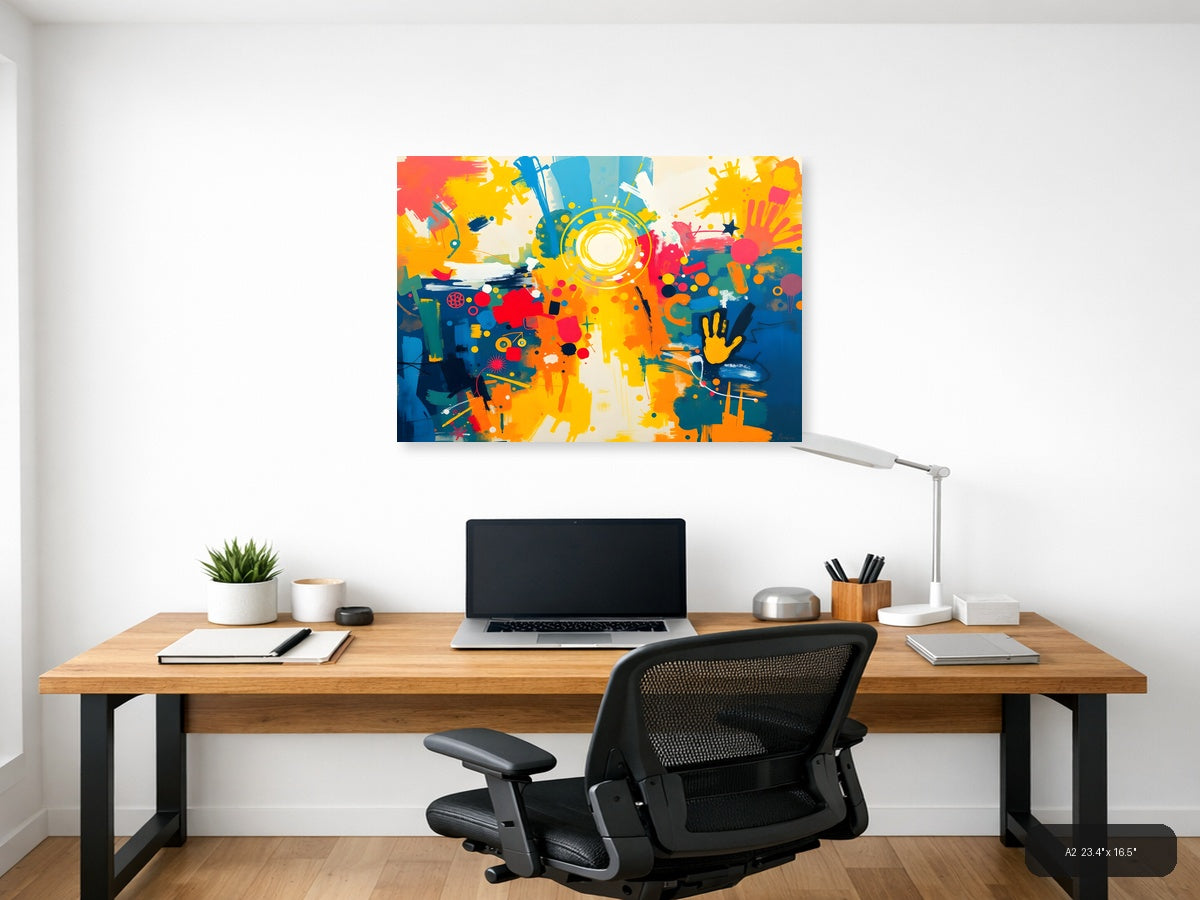 Vibrant Abstract Splatter Art with Yellow Circles Wall Art — A2 / Office