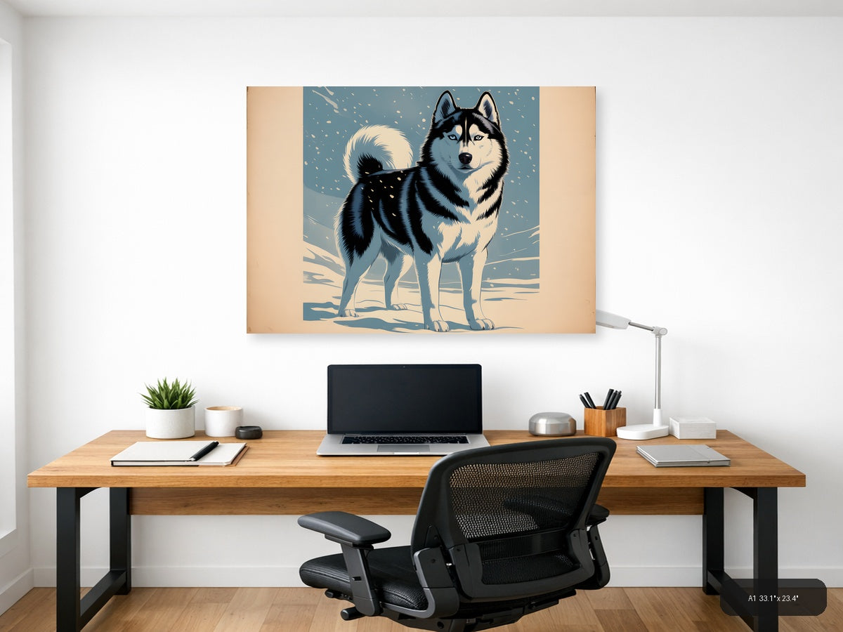 Husky in Snow - Vintage Winter Dog Wall Art — A1 / Office
