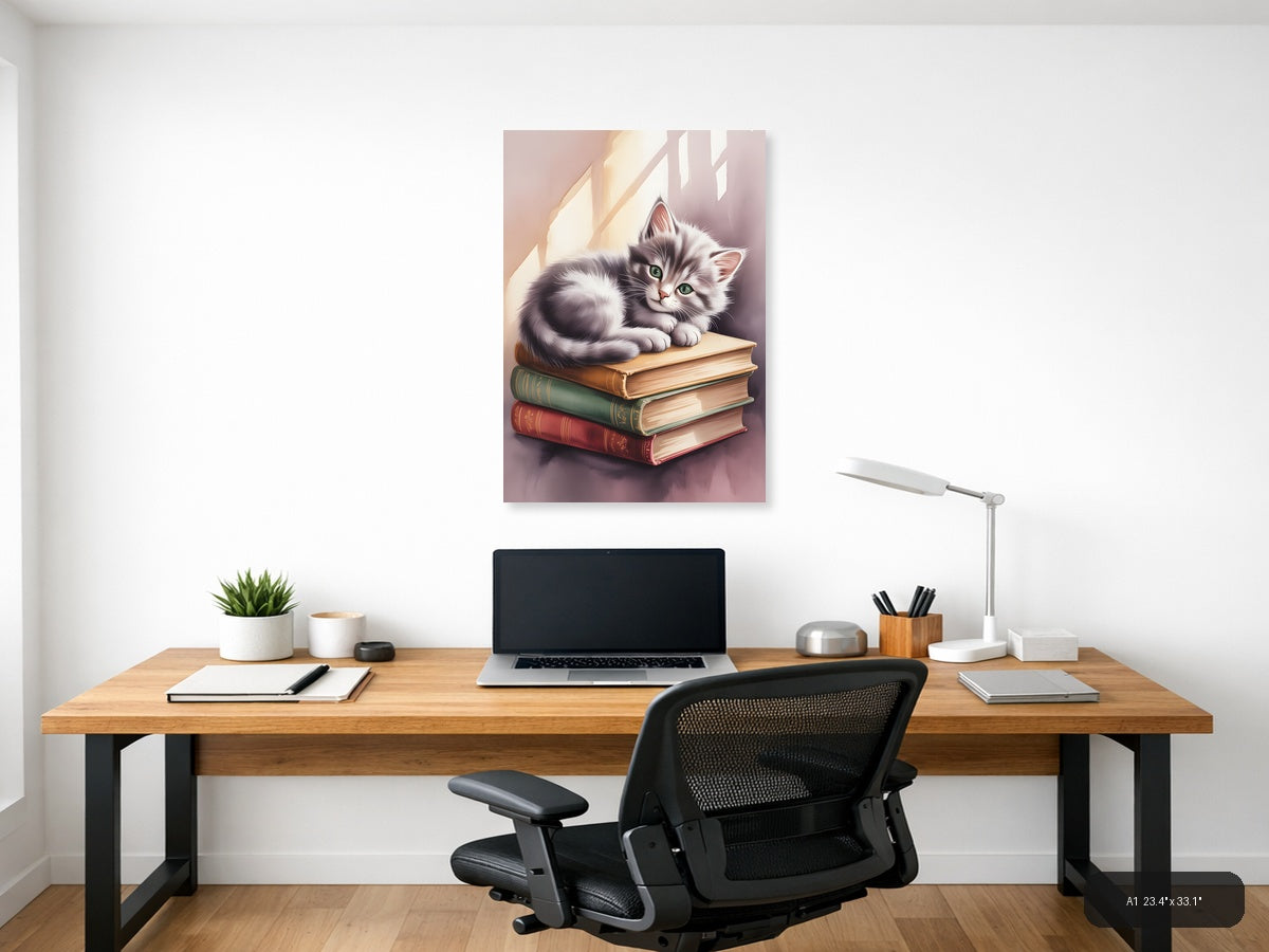 Kitten on Books Watercolor Portrait Wall Art — A1 / Office