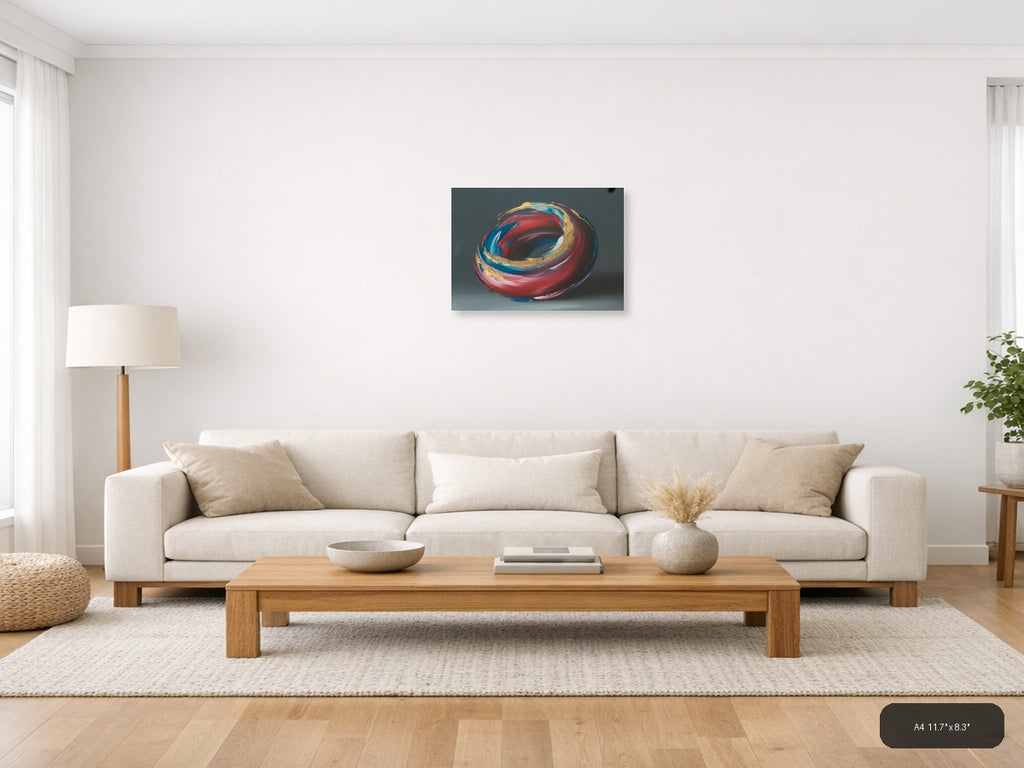 Red Blue Gold Abstract Swirl Circle Modern Wall Art — A4 / Living Room