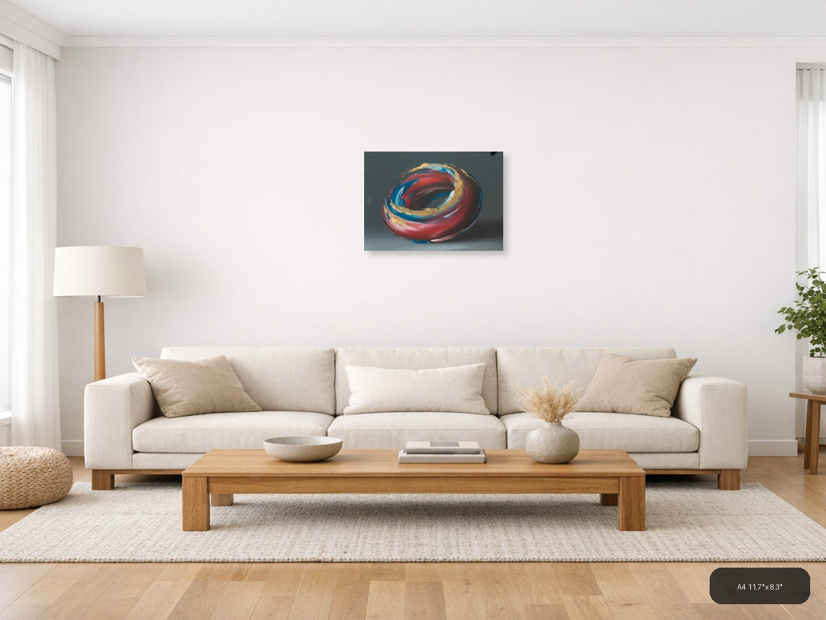 Red Blue Gold Abstract Swirl Circle Modern Wall Art — A4 / Living Room