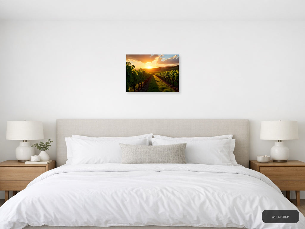 Golden Sunset Over Vineyard Rows Photography Wall Art — A4 / Bedroom