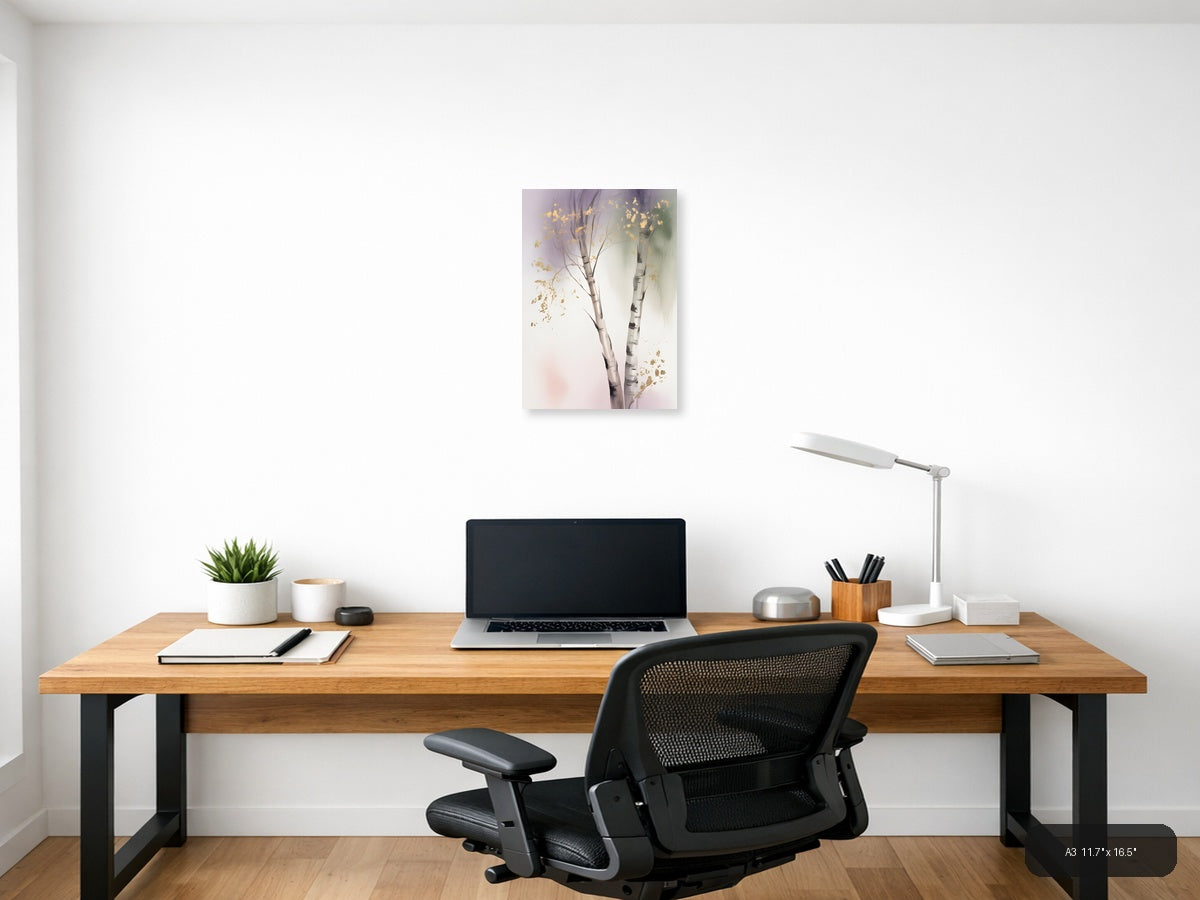 Golden Birch Trees Watercolor Portrait Wall Art — A3 / Office
